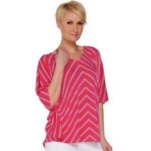 Susan Graver Striped Liquid Knit V-Neck Top Pink White Stripes Size Large